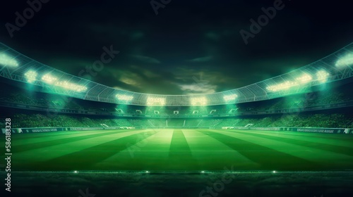 universal grass stadium illuminated by spotlights and empty green grass playground. Generative AI