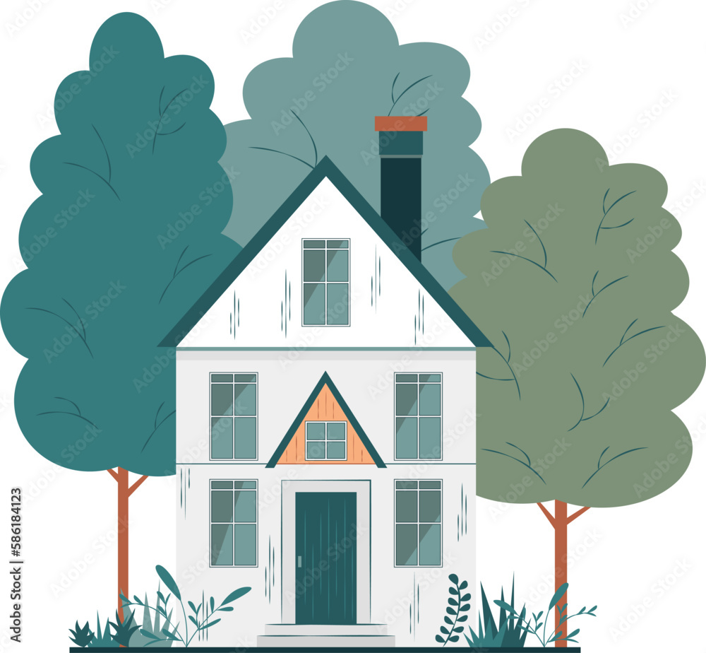 Vacation home concept. Rest in nature in the mountains and forest. Cozy yard illustration for card, banner. Vector