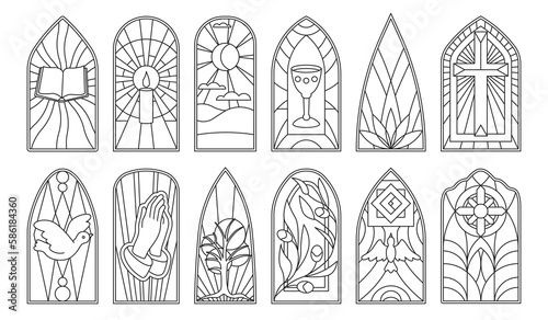 Stained glass vector outline icon set . Collection vector illustration window church on white background. Isolated outline icon set stained glass for web design. © Svitlana