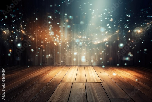 Background for photography with wooden floor and light bokeh effects Generative AI Illustration