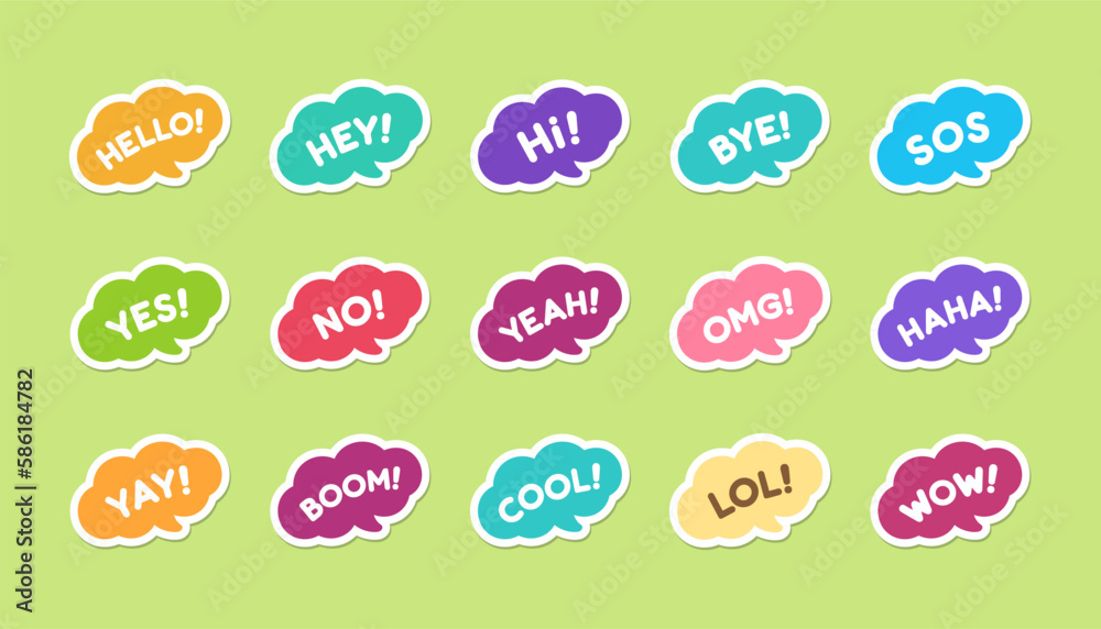 Cute speech bubble with short phrases hello, bye, yes, no, yay, cool, wow, haha icon set. Simple flat vector illustration.