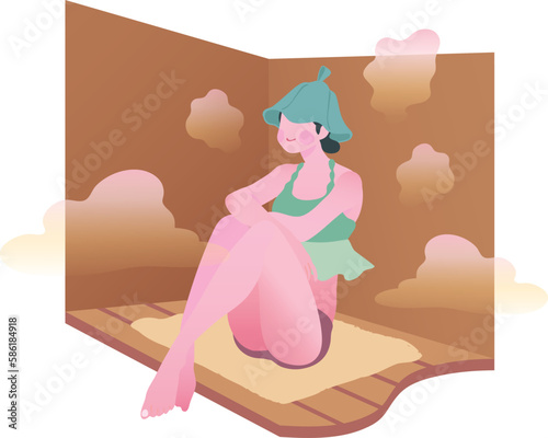 サウナ活動を楽しむ女子のイラスト サウナハット サ道