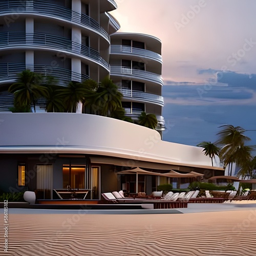 Luxury hotel building on the beach with sunset background with sunlight shining on the area generative ai technology concept
