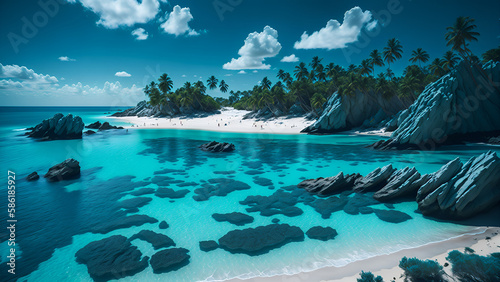 Turquoise blue beach bay with white sand beach. AI generated illustration
