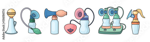 Breast pump vector color set icon. Vector illustration equipment for breastfeeding on white background. Color set icon breast pump.
