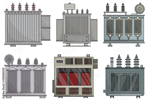 Transformer electric vector installation on white background . Isolated color set icon energy substation. Vector color set icon of electric transformer.