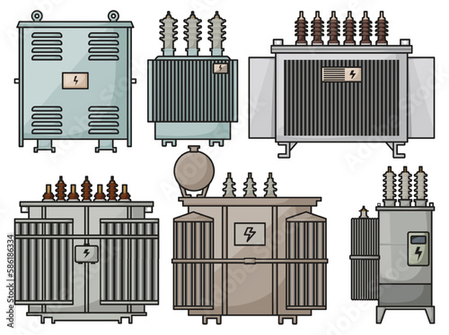 Transformer vector installation on white background . Isolated color set icon energy substation. Vector color set icon transformer.