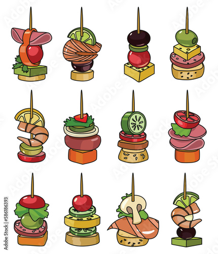 Canape of appetizer color vector illustration on white background .Canape for buffet set icon. Vector illustration cold food.Set icon cold appetizer.