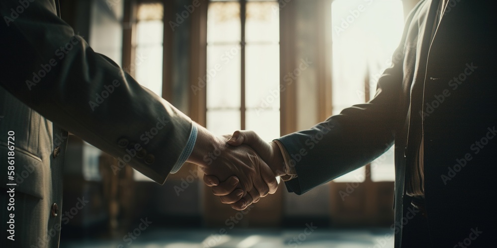 Businessmen handshake - business meeting and partnership concept. Business etiquette, congratulation, merger and acquisition concepts. Generative AI