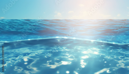 Water background texture. Water and sky. Blue sea wave, underwater, splash, water line. Clean drink water, transparent aqua