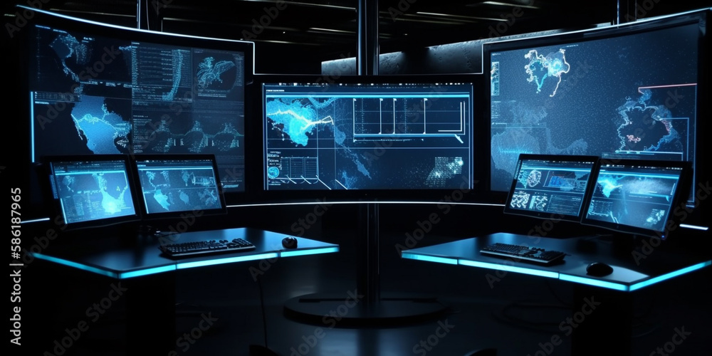 Fototapeta premium Control center, computers at the workplace. AI generated