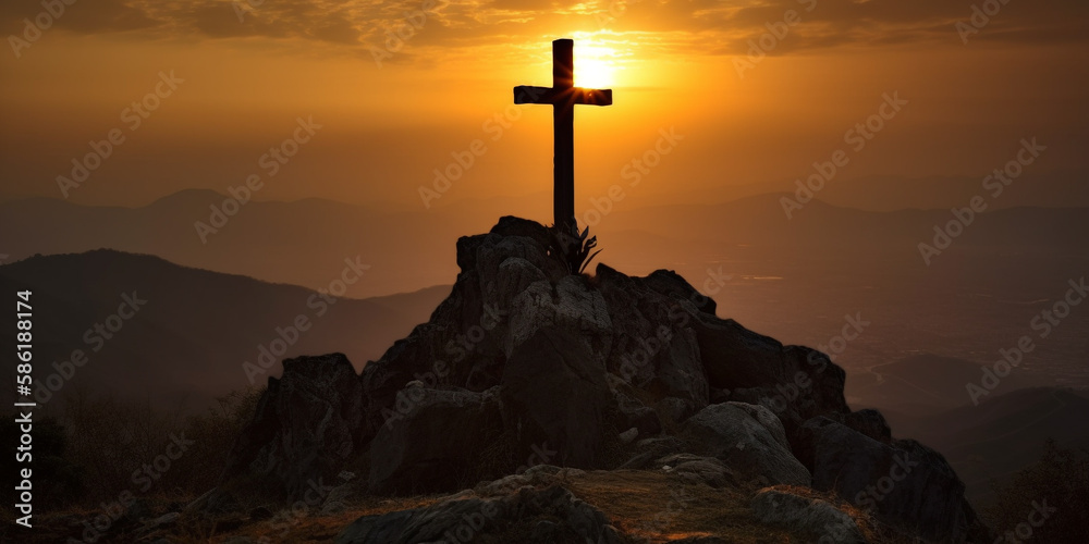 Christian wooden cross on the background of a beautiful sunset. AI generated