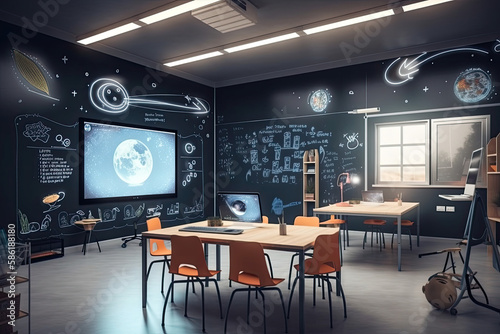 Futuristic school classroom with augmented reality projected in a electronic blackboard, generative AI	 photo