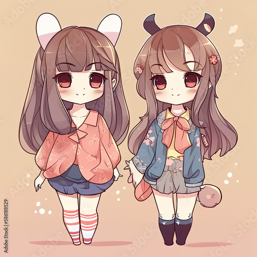 two kawaii girl, fashionable. Generative ai