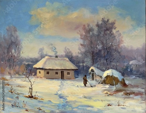 сельская усадьба с домом, засыпанная снегом