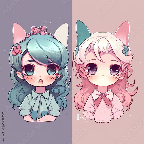 two kawaii girl, fashionable. Generative ai