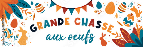 Grande chasse aux œufs - Bannière colorée autour de la fête de Pâques - Titre et illustrations vectoriels