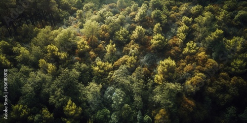 Aerial top view of forest trees. View of the forest from a bird's eye view. Generative AI 