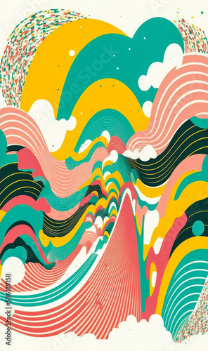 Colorful Yellow  teal and pink vector line art  rainbow wave  retro vintage decoration  phone Wallpaper  generative AI 