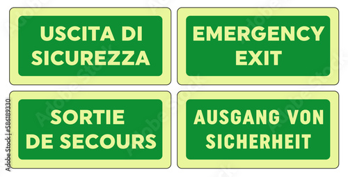 Cartelli di antincendio e salvataggio, uscita di sicurezza orizzontale, Emergency exit, hotel, motel, ristoranti, teatri, cinema, museo, mostre, edificio, palazzi, centri, supermercati, locali, pub