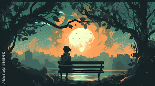 A person sitting on a bench  looking at a sun. digital art illustration. generative AI.