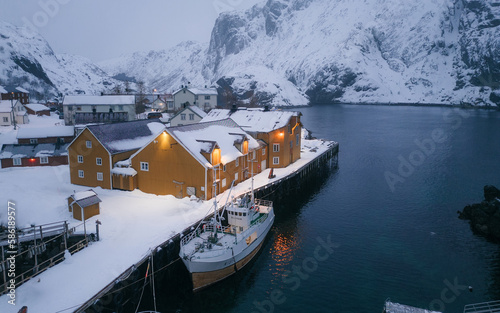 Winter view of Nusfjord town, Norway, Europe. Bright morning scene of Lofoten Islands. Norwegian seascape.  photo