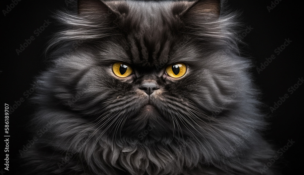  Black persian cat look yellow eyes front view portrait with Generative AI