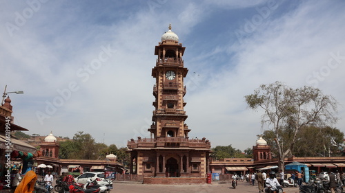 Jodhpur, Rajasthan, India 2nd March 2023: Popular landmark Ghanta Ghar also known as Clock tower of Jodhpur and Sardar Market, Jodhpur. People walking and shopping around market. City View of Jodhpur photo