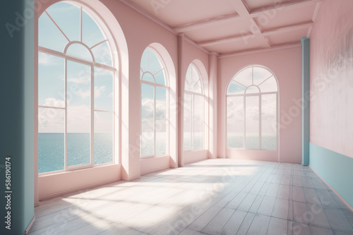 Empty room  large windows overlooking the sea. AI generative.