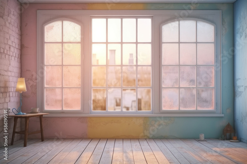 Large windows on the wall, pastel colors. AI generative. © Iaroslav