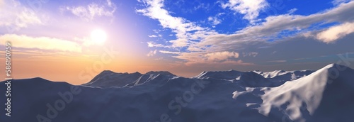 Mountain landscape, snowy peaks under the sky with clouds at the setting sun, 3d rendering