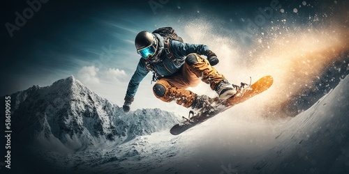 Snowboarder jump on mountain. Winter extreme athlete sports. Generative AI