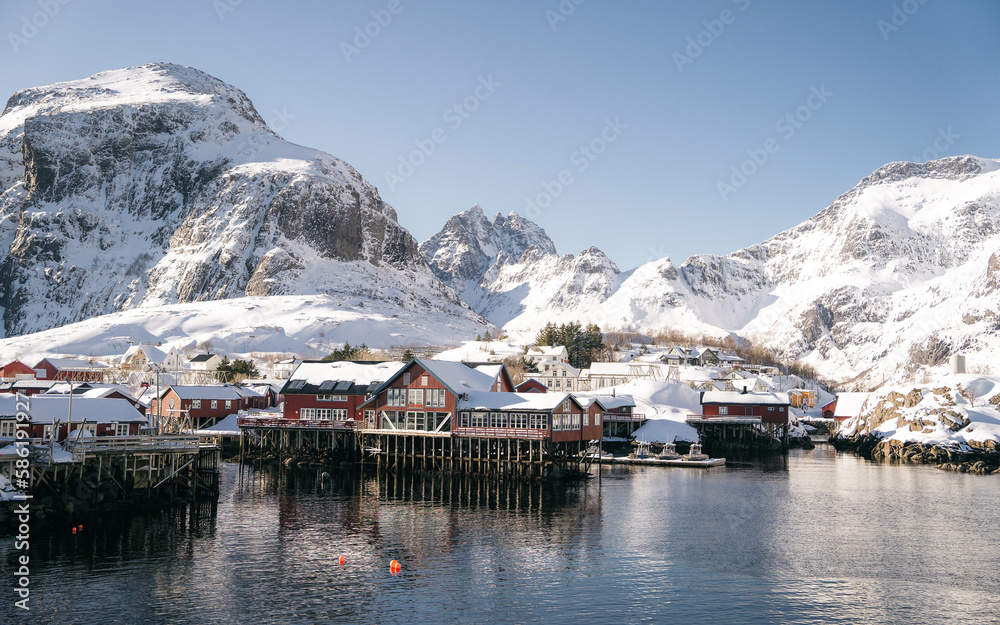 Village called A in Lofoten islands of winter, Norway. Life over polar circle.