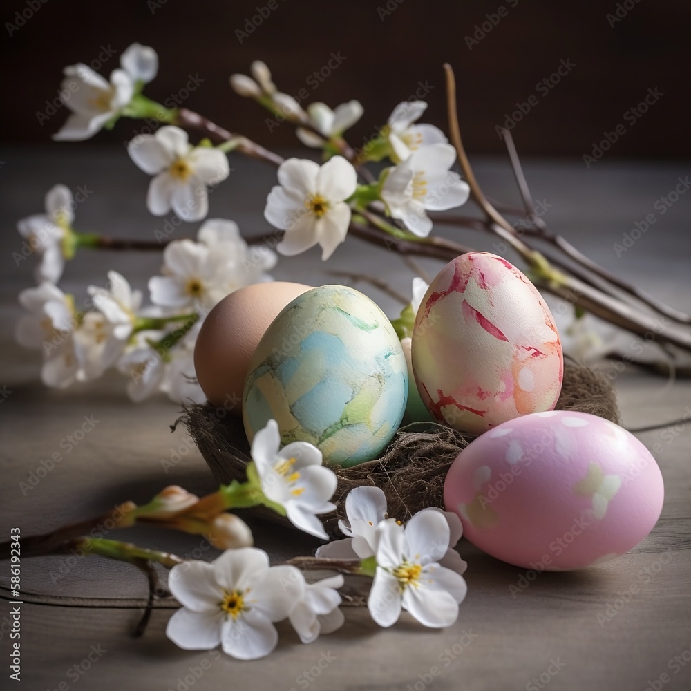 Fototapeta premium Cherry blossom branch and easter eggs