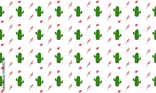 seamless pattern with green cactus and red leaves on white background for cloth pattern ,baby fabric, pillowcase,towel ,floor tiles,wallpaper ,curtain,tiles pattern, home decorating,art design
