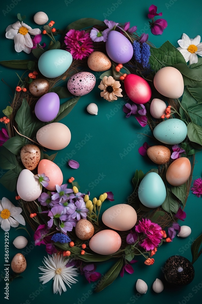 A beautiful wreath of Easter eggs, green leaves, and flowers A beautiful wreath of Easter eggs, green leaves, and flowers