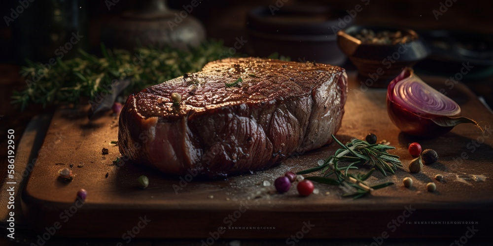 Beef steak with a sprig of rosemary on a wooden table. Classic grilled steak dinner with tomatoes and fried vegetables on an old wooden board. The perfect image for restaurant menu. Generative AI