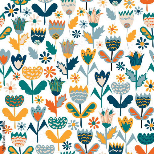 Floral colorful illustration, hand-drawn seamless texture with cute flowers
