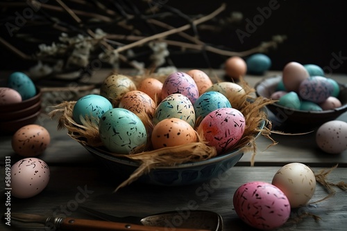Happy Easter! Easter eggs on a rustic table. Natural dyed colorful eggs on a plate on a wooden table and spring flowers in a rustic room. 