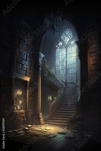 Dark library. AI generated