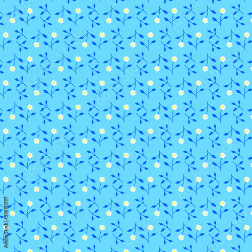 White daisies and blue leaves on a light blue background Cute gentle summer floral pattern