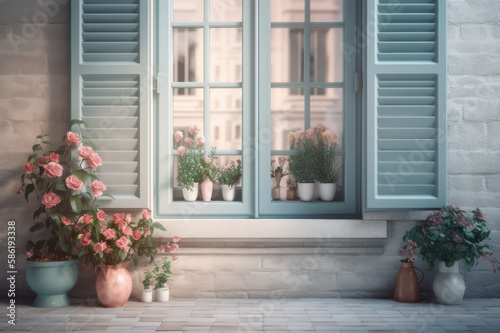 Large window and roses in pots  pastel colors. AI generative.