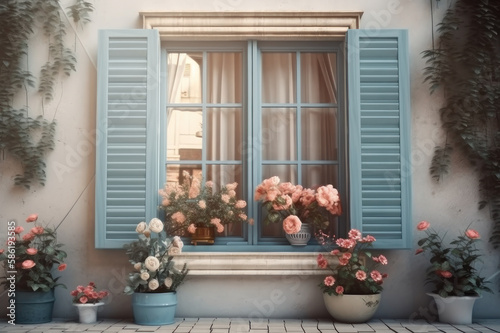 Large window with shutters and roses in pots, pastel colors. AI generative.