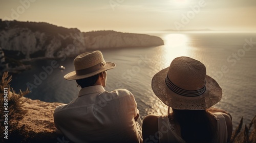 A romantic couple with straw hats chilling enjoying beautiful views over the ocean. Generative AI