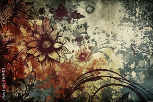 Illustration of colorful flowers against a textured and distressed backdrop created with Generative AI technology