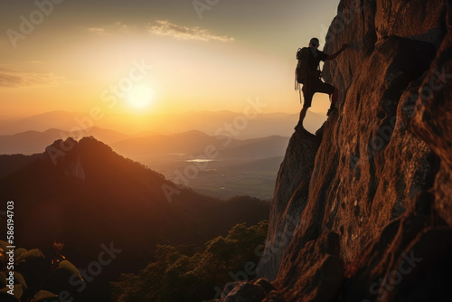 Man rock climbing on sunset sky abstract background. Generative ai