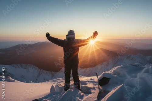 Man spread arms at top of snow mountain on morning sky abstract background. Generative ai