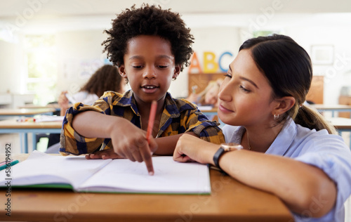 Tableau sur toile Teacher, learning and helping black kid in classroom for knowledge, studying or assessment
