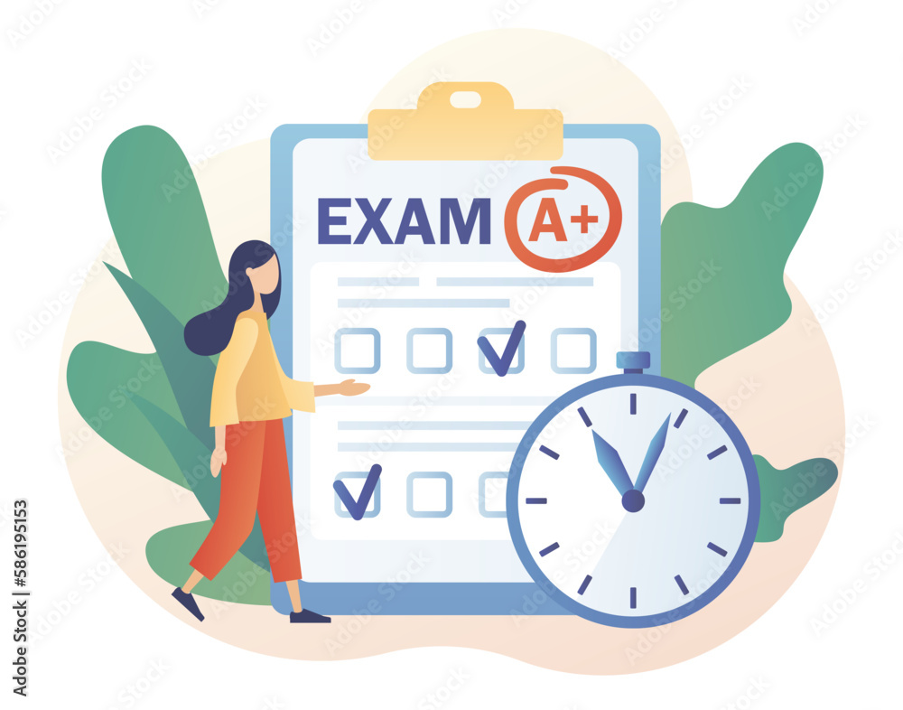 Exam concept. Education, studying, Digital elearnning, degree, graduate concept. Tiny girl student with test exam result. Modern flat cartoon style. Vector illustration on white background Exam concept. Education, studying, Digital elearnning, degree, graduate concept. Tiny girl student with test exam result. Modern flat cartoon style. Vector illustration on white background