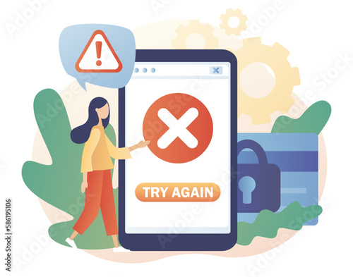 Payment error. Smartphone app with cross checkmark. Cashless NFC payment failed. Online transaction canceled. Try again. Modern flat cartoon style. Vector illustration on white background
